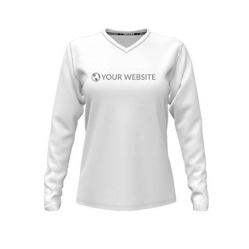 [CUS-DFW-TEES-CMF-VNK-LSL-WHT-FYXS-LOGO2] Decker Comfort T-Shirt (Female Youth XS, White, V Neck, Logo 2, Long Sleeve)