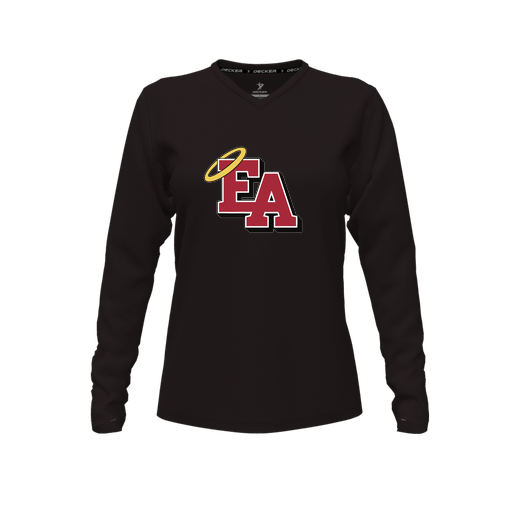 [CUS-DFW-TEES-CMF-VNK-LSL-BLK-FYXS-LOGO1] Decker Comfort T-Shirt (Female Youth XS, Black, V Neck, Logo 1, Long Sleeve)