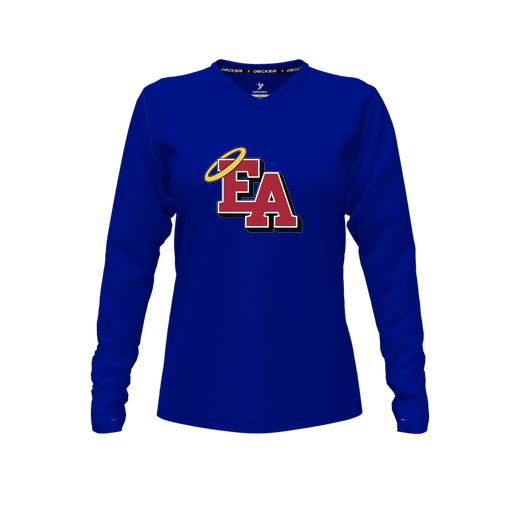 [CUS-DFW-TEES-CMF-VNK-LSL-RYL-FYXS-LOGO1] Decker Comfort T-Shirt (Female Youth XS, Royal, V Neck, Logo 1, Long Sleeve)