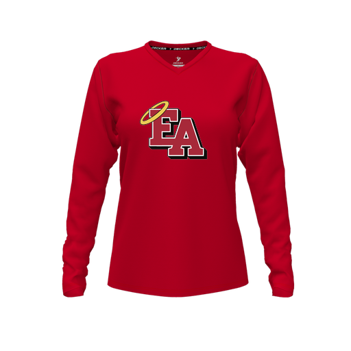 [CUS-DFW-TEES-CMF-VNK-LSL-RED-FYXS-LOGO1] Decker Comfort T-Shirt (Female Youth XS, Red, V Neck, Logo 1, Long Sleeve)